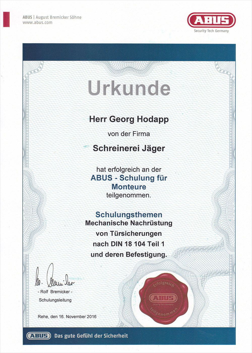 Schreinerei JÄGER Freiburg Urkunde