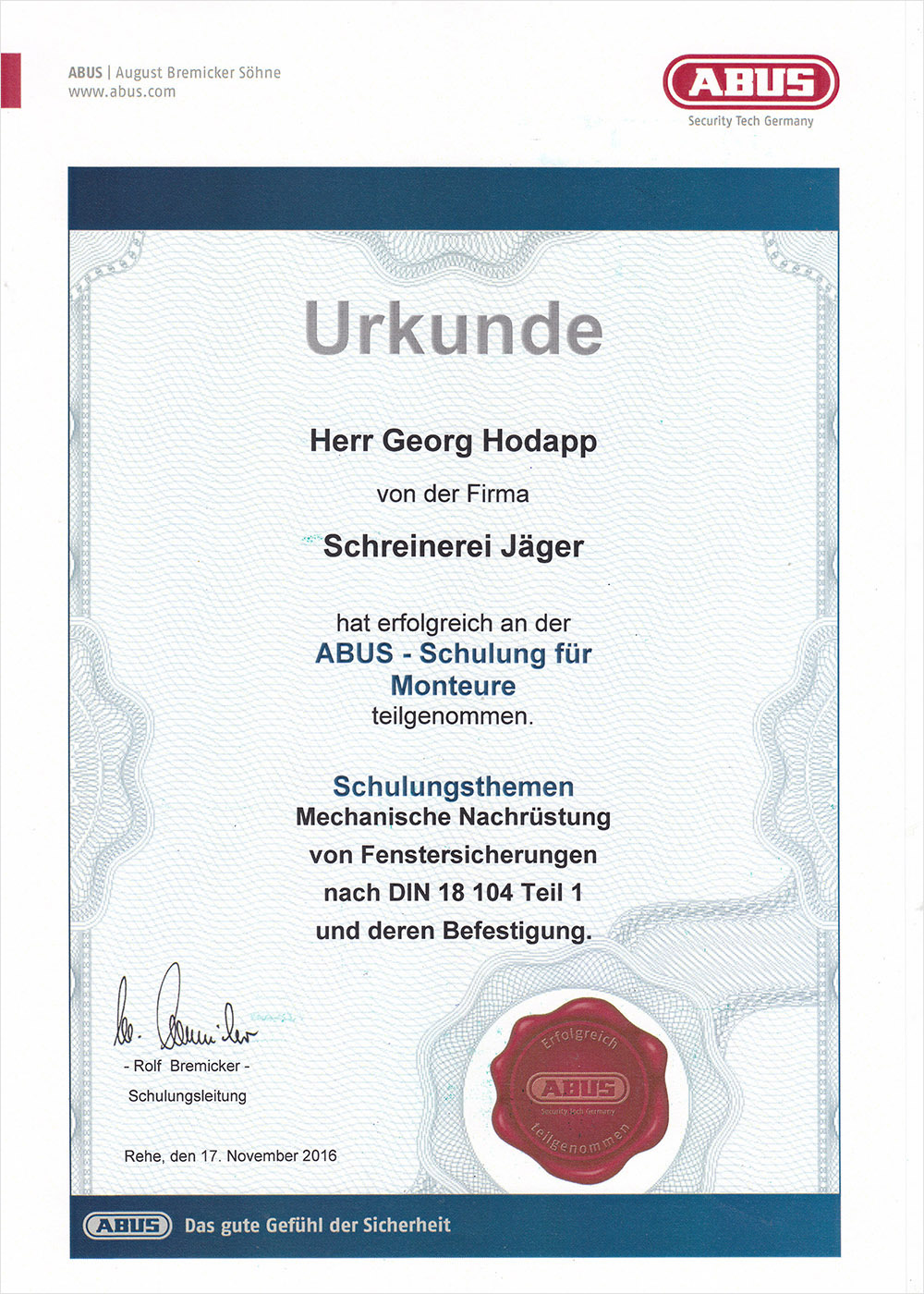Schreinerei JÄGER Freiburg Urkunde
