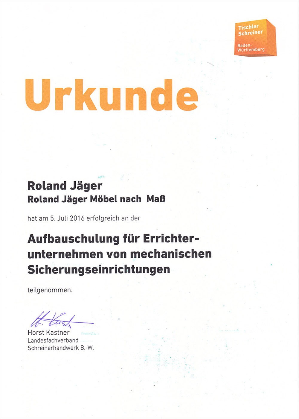 Urkunde Schreinerei JÄGER Freiburg
